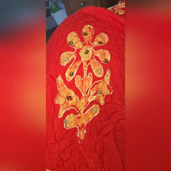 Red and Gold Flutter Sleeve Ruffled Blouse - Picture 6 of 6